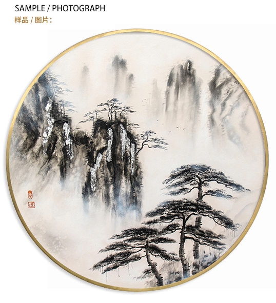 新中式客廳裝飾畫 書房原創(chuàng)純手繪山水畫 臥室不銹鋼金屬圓框掛畫 迎客松2